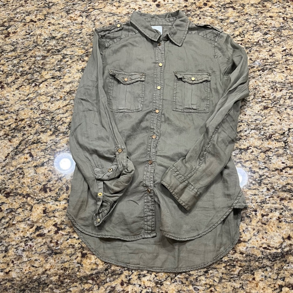 Maeve Anthropologie Olive Green Utility Button Down Shirt Waist Tie Size 4